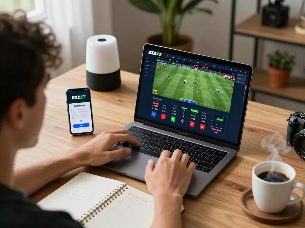 Engaging in sports betting on the 8xbet platform while enjoying a cozy home gaming experience.