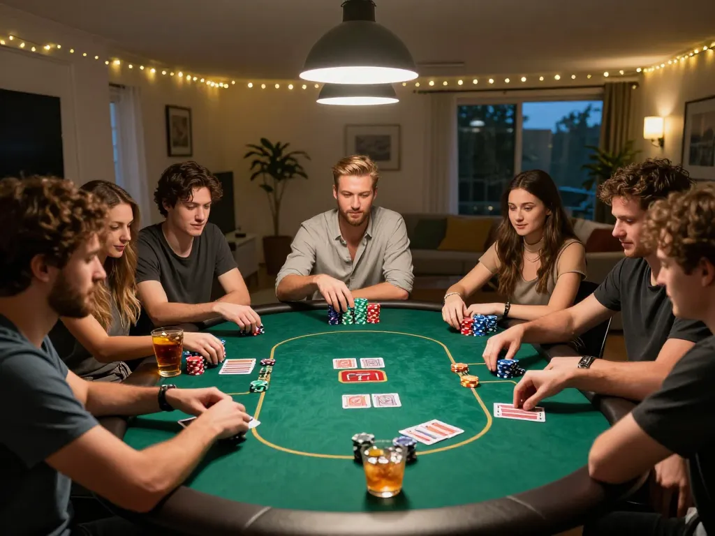 Malam permainan poker Ulat123 dengan teman-teman, chip dan kartu berwarna-warni dipajang, menangkap keseruan permainan strategis
