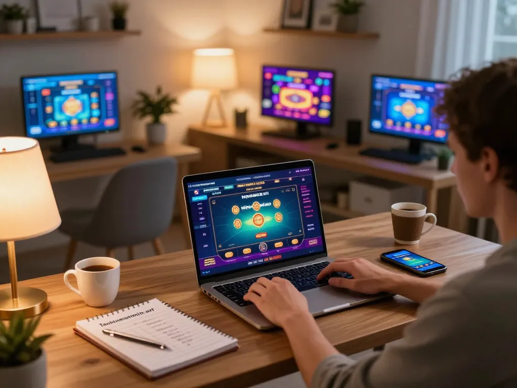 Engaging poker gameplay on taixiusunwin.art from a home workspace with laptop and strategy notes