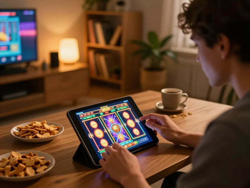 Player enjoying Fokus77 online slots on tablet in a cozy gaming setup