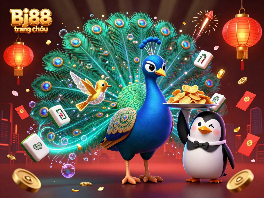 Bj88 trang chủ unveils a vibrant 3D casino scene with a peacock, charming butler, and magical hummingbird.