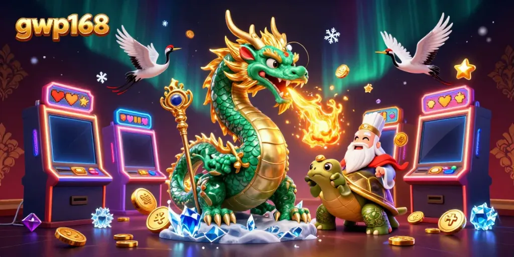 GWP168 menghadirkan suasana perjudian slot dengan naga hijau dan elemen fantastis lainnya.