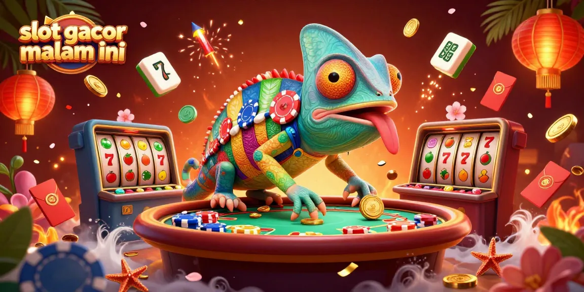 Engaging scene displaying slot gacor malam ini showcasing a playful chameleon casino owner amidst vibrant slot symbols and gold embellishments.