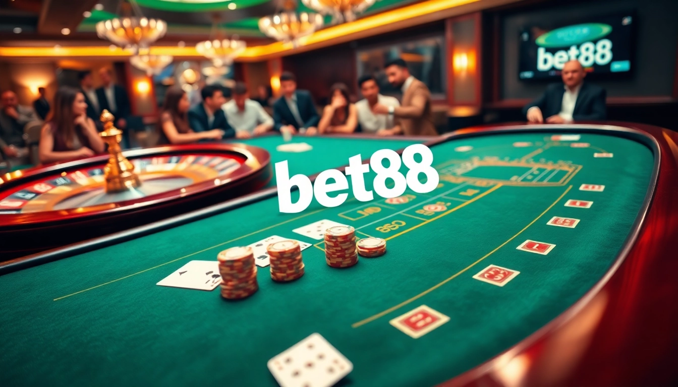 Engage with bet88 at a luxurious casino with vibrant tables and dynamic betting options.
