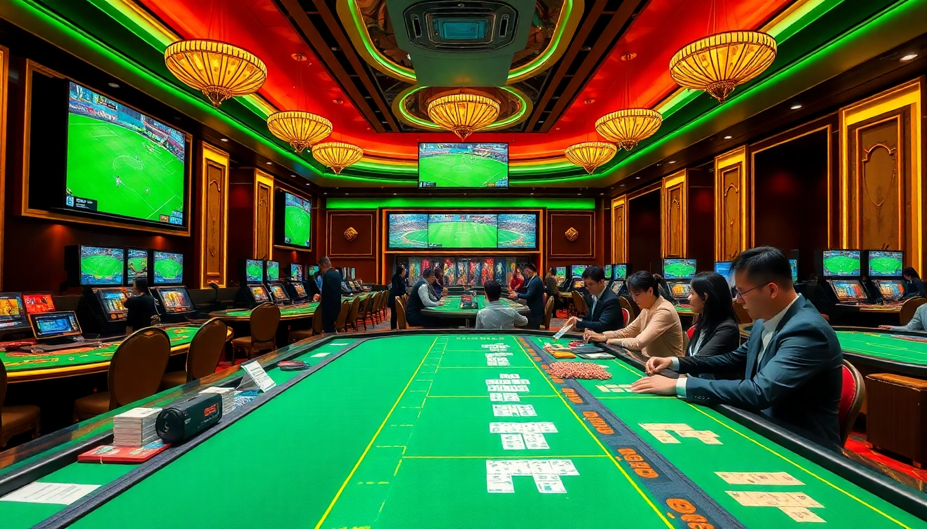 Soi kèo phạt góc betting scene with vibrant tables, live matches, and excited gamblers