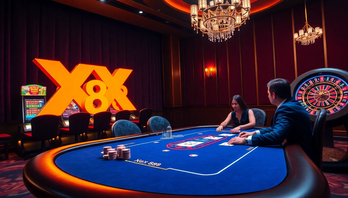 Experience the thrill of gambling with XX 88 at a luxurious casino featuring poker tables and slot machines.
