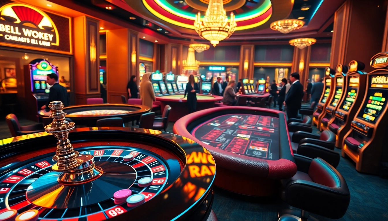 Exciting casino scene showcasing 789P with players at roulette and baccarat tables, vibrant gaming atmosphere.