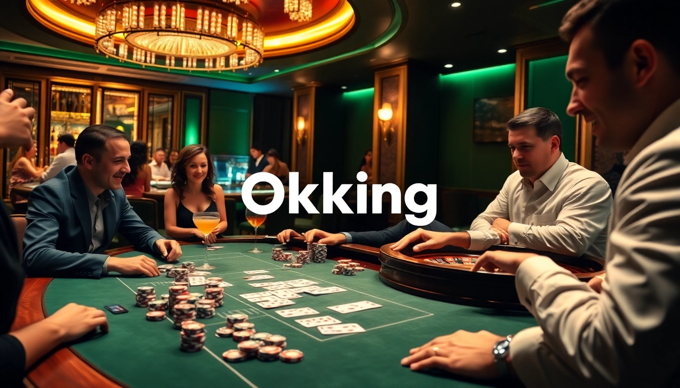 Players engaging in a high-stakes poker game at a luxurious casino table featuring Okking branding elements.
