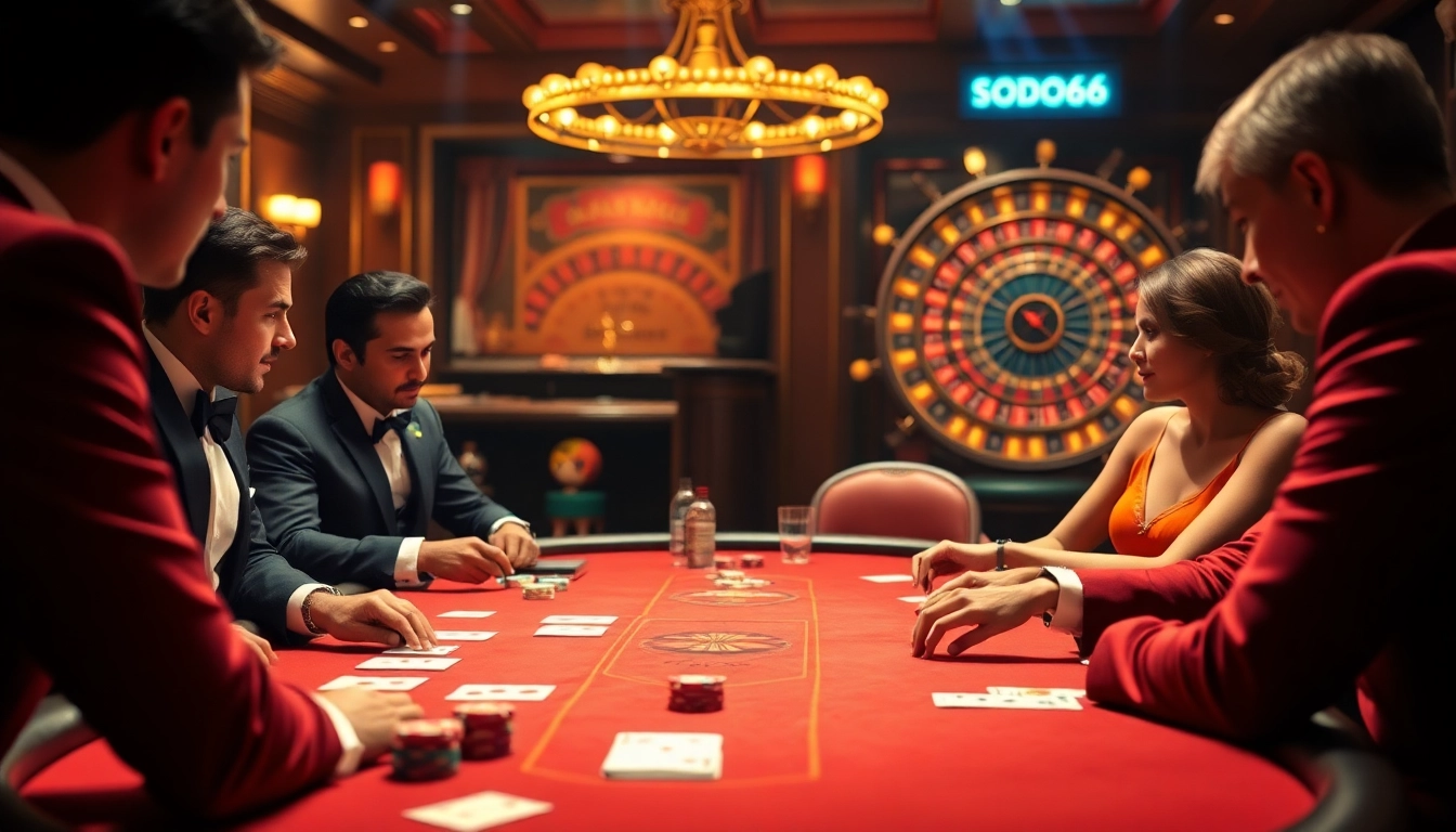 SODO66 poker players engaging intensely at a luxurious casino table with colorful chips.