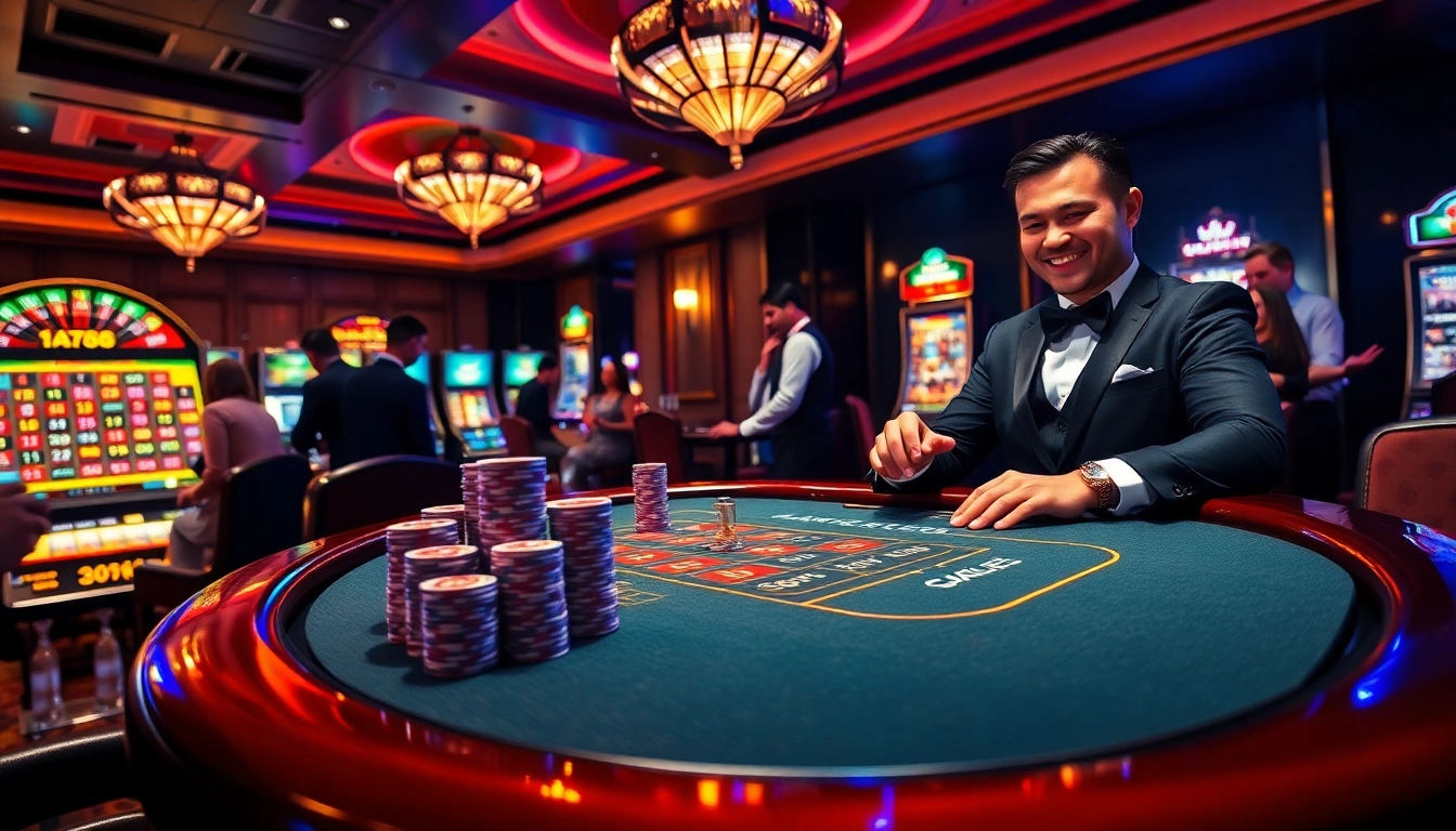 Gamble with excitement at DA88's luxurious casino experience featuring tables and slot machines.