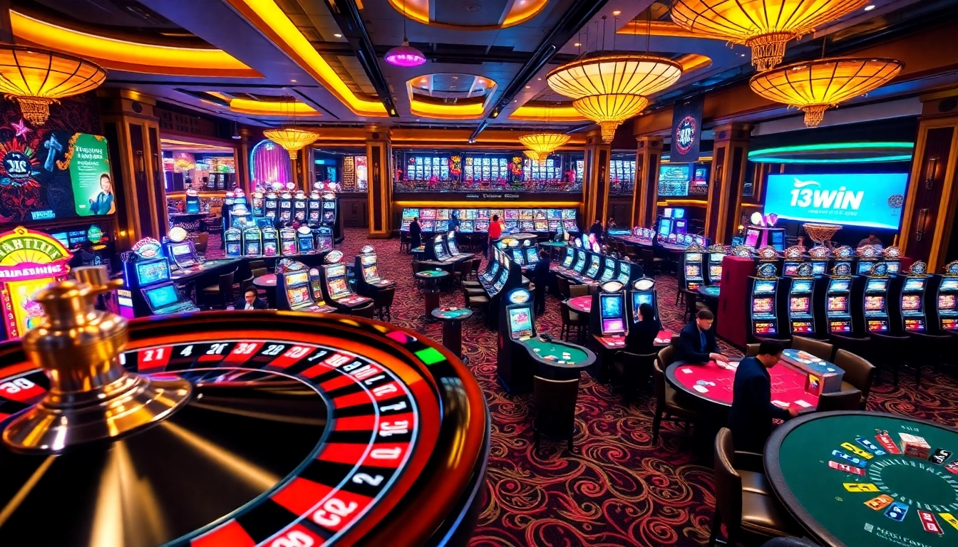 Experience the thrill of winning at 13Win's bustling casino filled with poker tables and roulette wheels.
