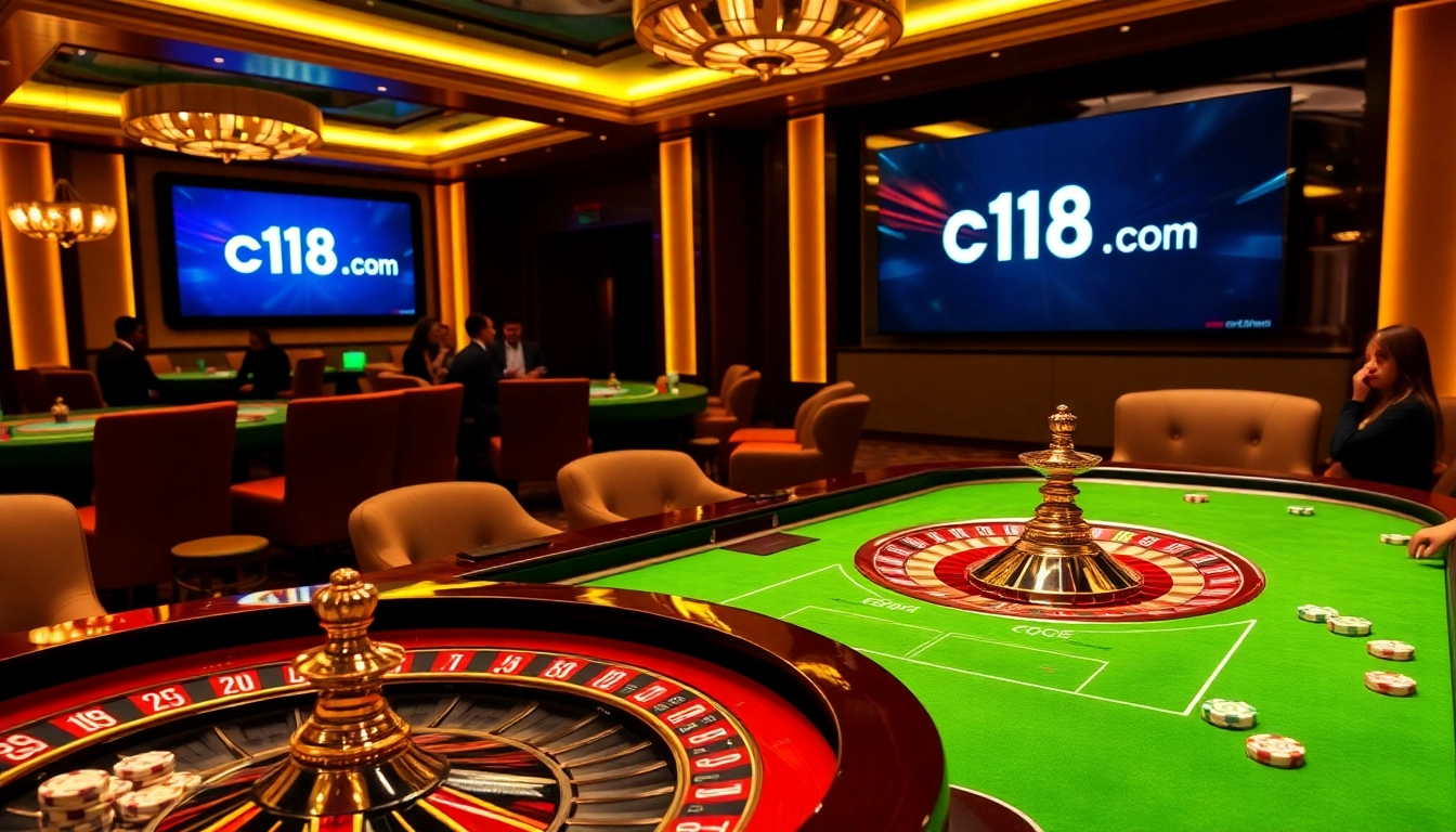 Players enjoying table games and slots at c168.com with a luxurious casino backdrop.