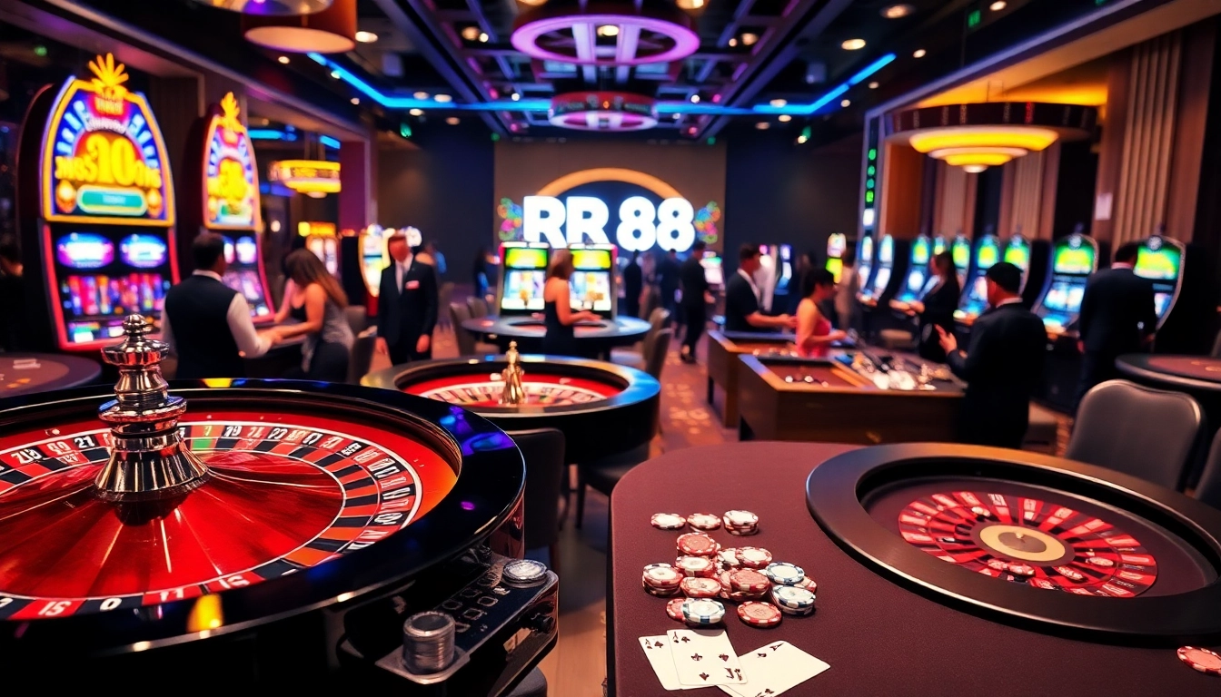 Engaging players enjoying a vibrant casino atmosphere featuring RR88 gaming elements.