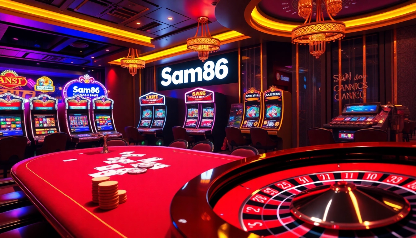 Experience thrilling gaming at Sam86, the leading online casino, featuring vibrant tables and slot machines.
