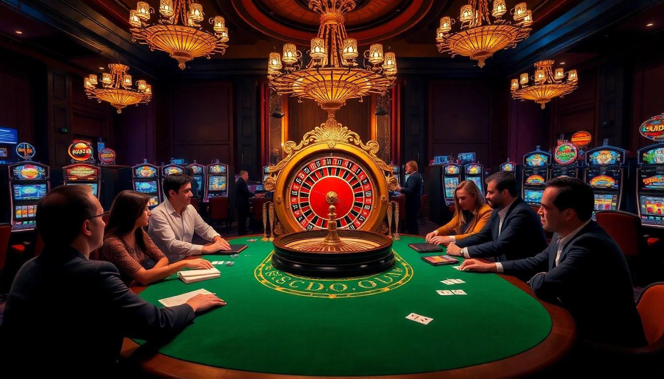 SODO66 players enjoying thrilling casino games at a luxurious venue with roulette wheels and poker tables.