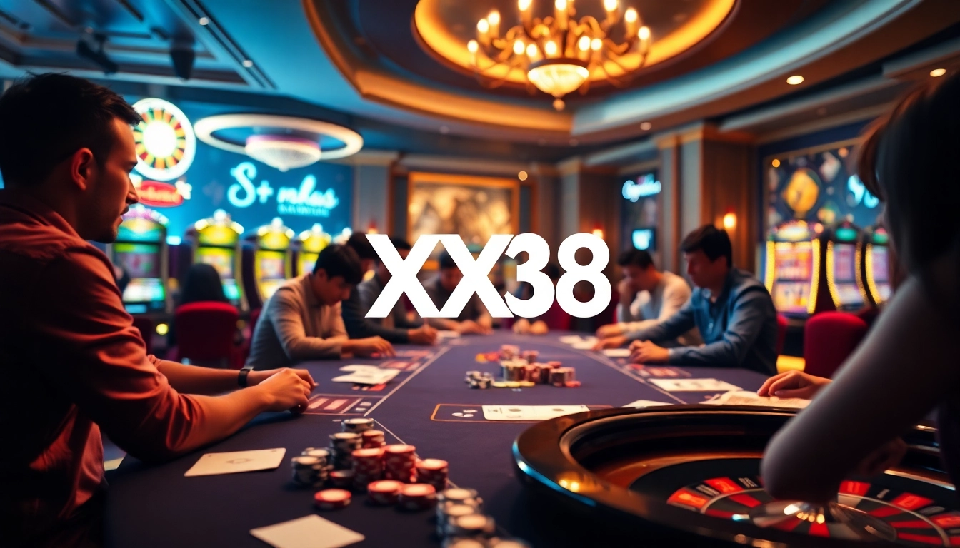 Gambling excitement at nhà cái xx88 with players at casino tables and vibrant slot machines.