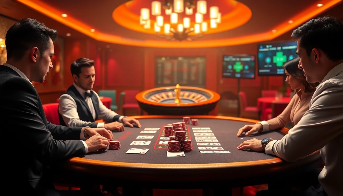 Experience thrilling gaming at 12BET with strategic poker action at a luxury casino table.