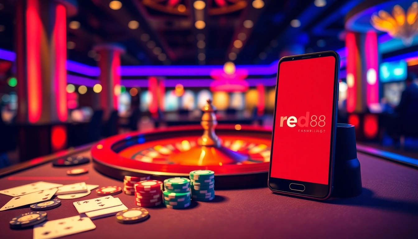 Exciting casino scene with a poker table and gambling elements featuring red88 logo.