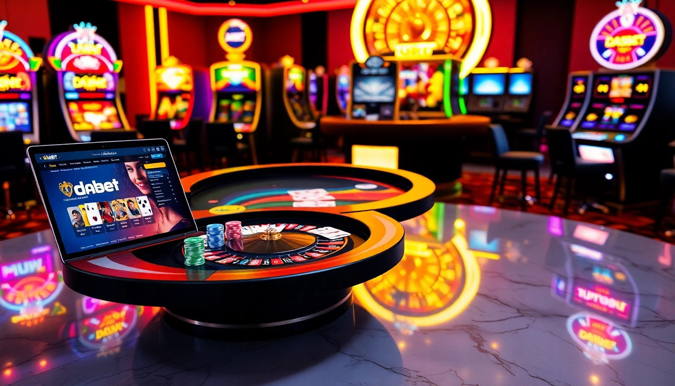 Dabet casino scene with poker chips, cards, and colorful slot machines, showcasing excitement in gambling.