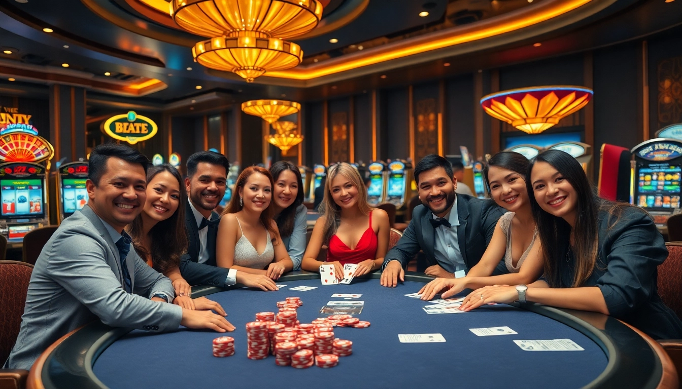 Experience the thrill of gaming at nhà cái KJC with a vibrant casino ambiance featuring poker tables.