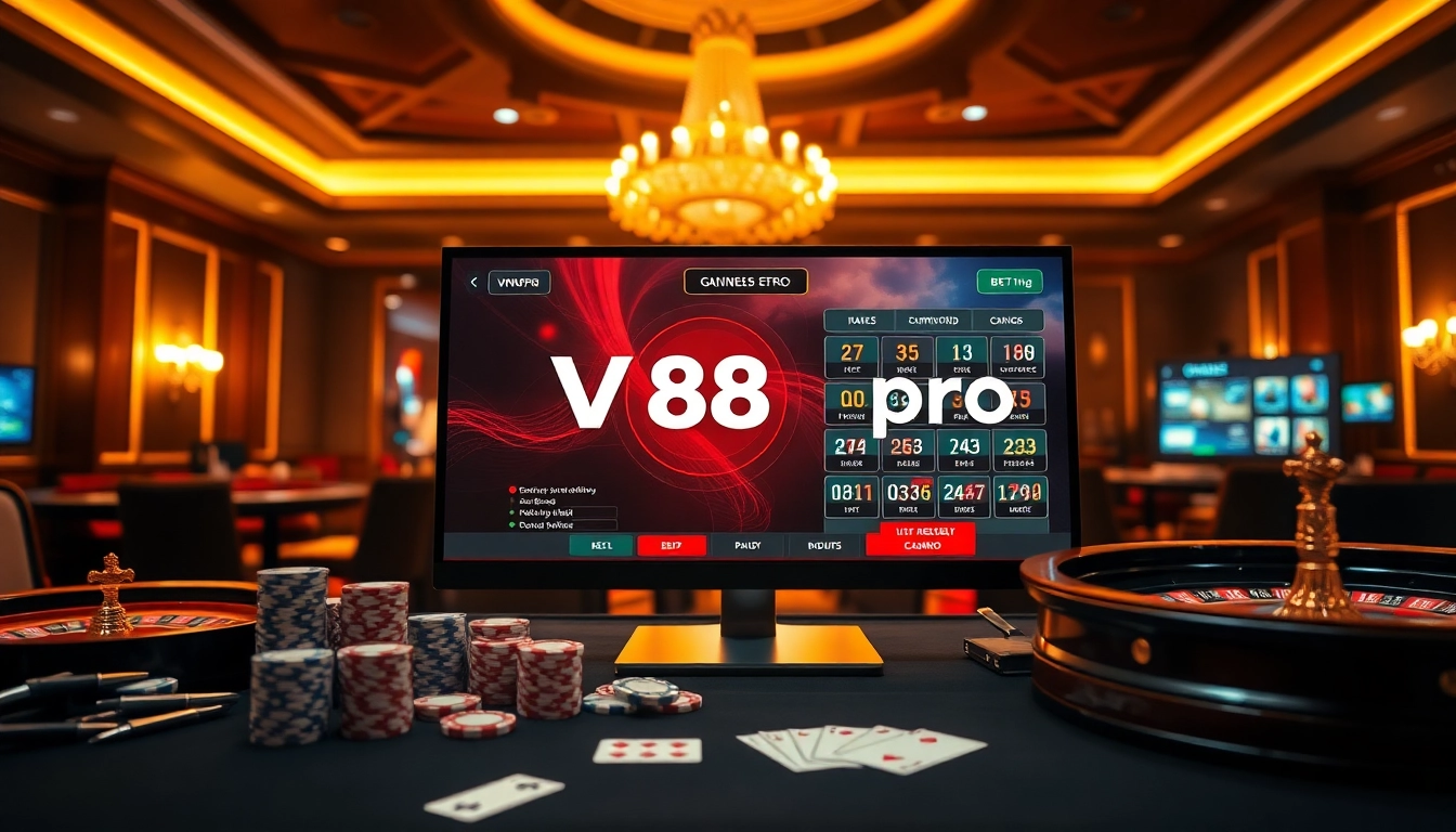 Experience the excitement of VN88pro with vibrant casino visuals, poker chips, and a dynamic roulette wheel.