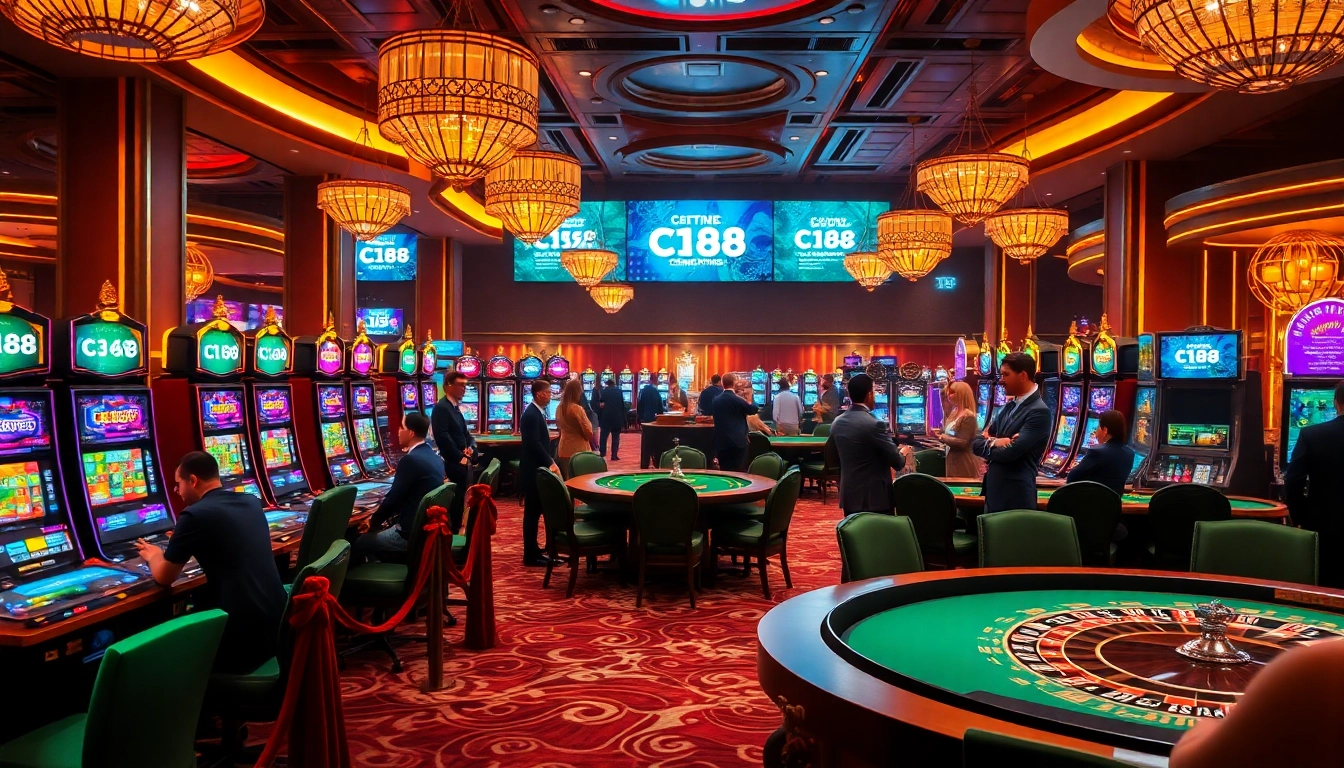 C168 online casino features vibrant slot machines and poker tables in a luxurious setting.