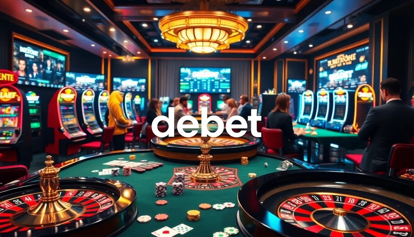 Players enjoying various casino games at a luxurious casino showcasing debet branding.