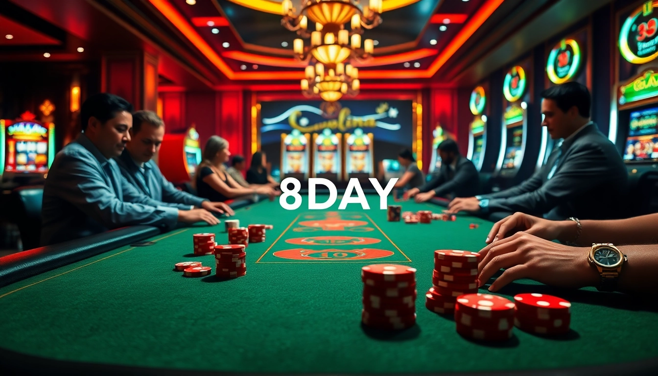 Players enjoying a thrilling game at the 8DAY casino table with vibrant, luxurious decor.