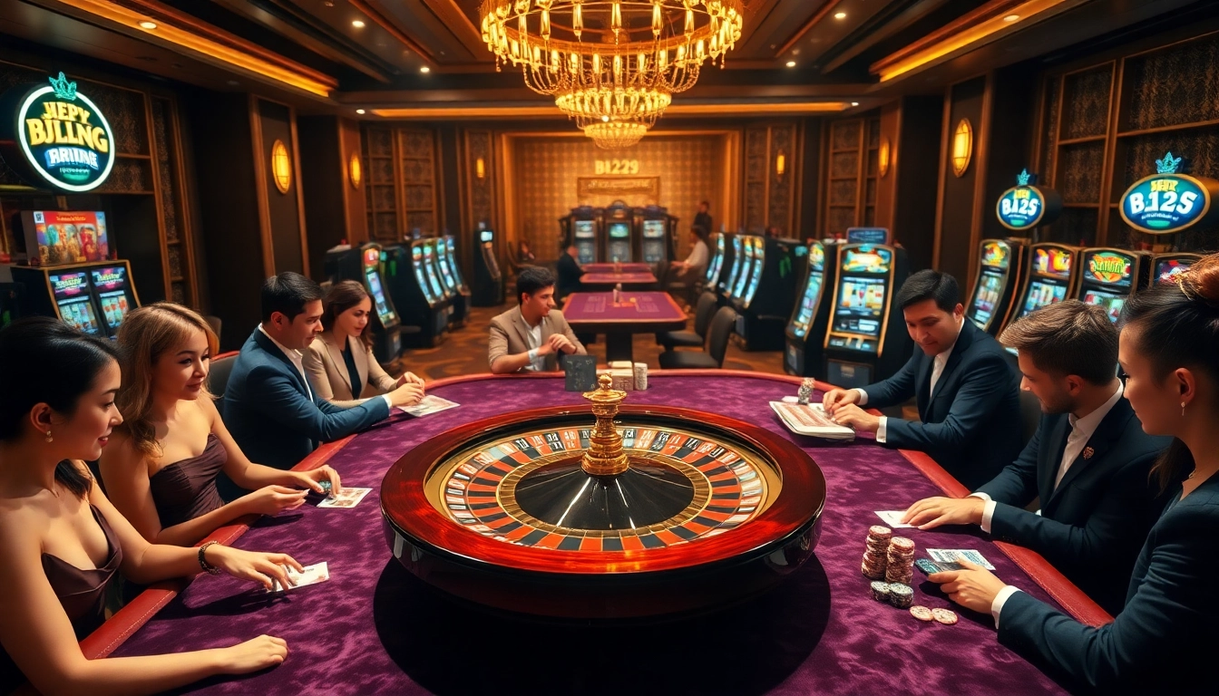 Vibrant B29 casino scene showcasing exciting roulette, poker, and slot games.