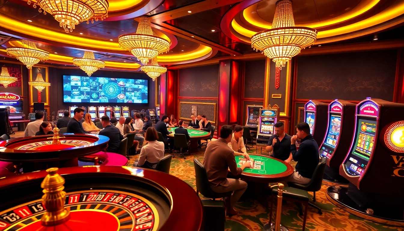 Players enjoying exciting games at https://viscard.de.com/ casino, featuring vibrant tables and slot machines.