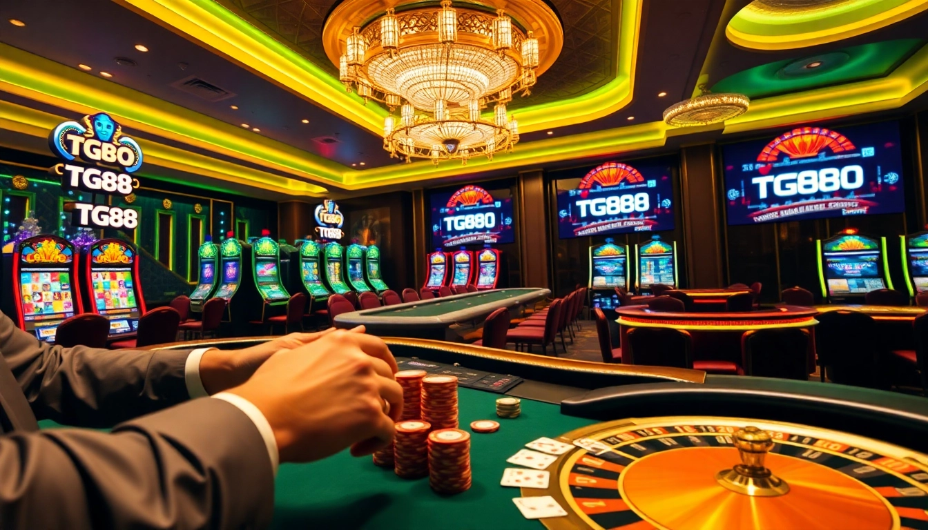 Players enjoying a memorable gaming experience at tg88’s luxurious casino, featuring vibrant slot machines and high-stakes poker tables.