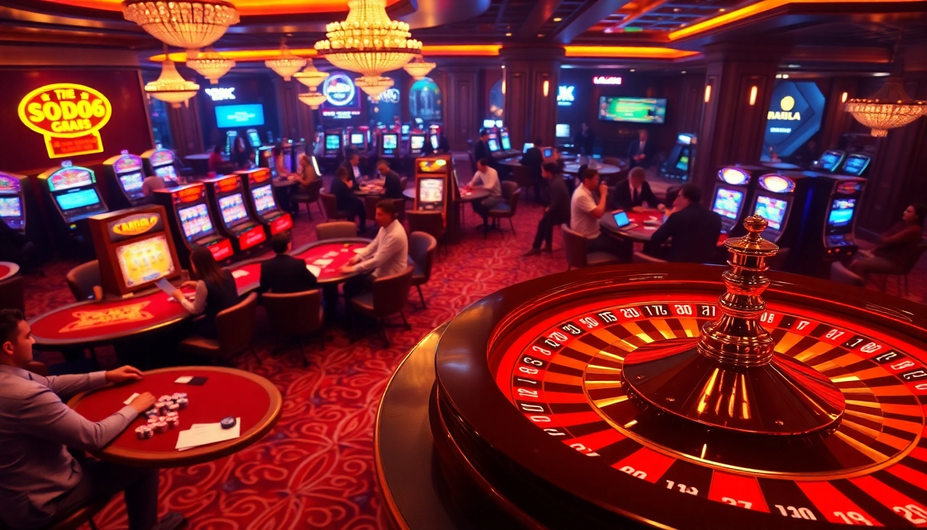 SODO66 online casino scene showcasing poker tables and roulette wheels in a luxurious setting