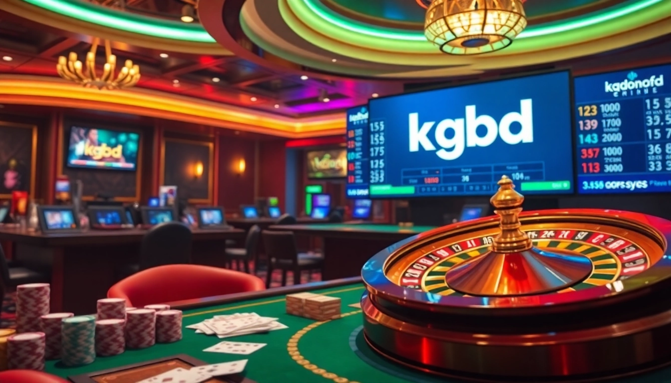 Experience the thrill of kqbd with colorful casino visuals, a vibrant roulette wheel and poker chips.