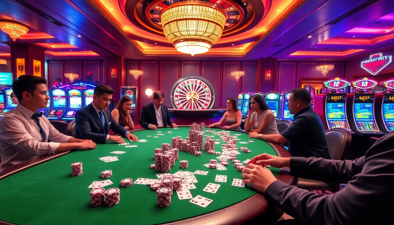 Experience thrilling gameplay at https://www.bdtk66.my/ with an elegant casino scene featuring poker tables and slot machines.