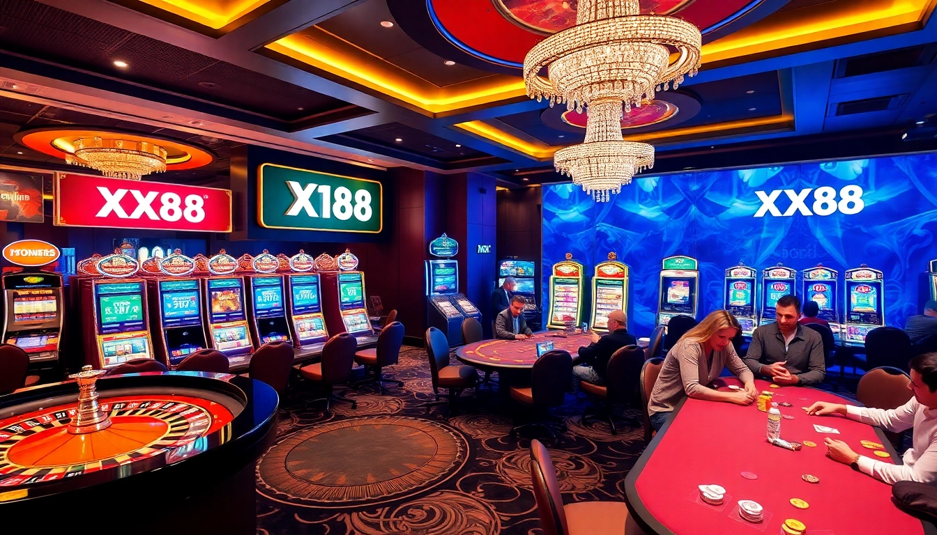 Engaged players at nhà cái XX88 enjoying vibrant casino games with roulette and slot machines.