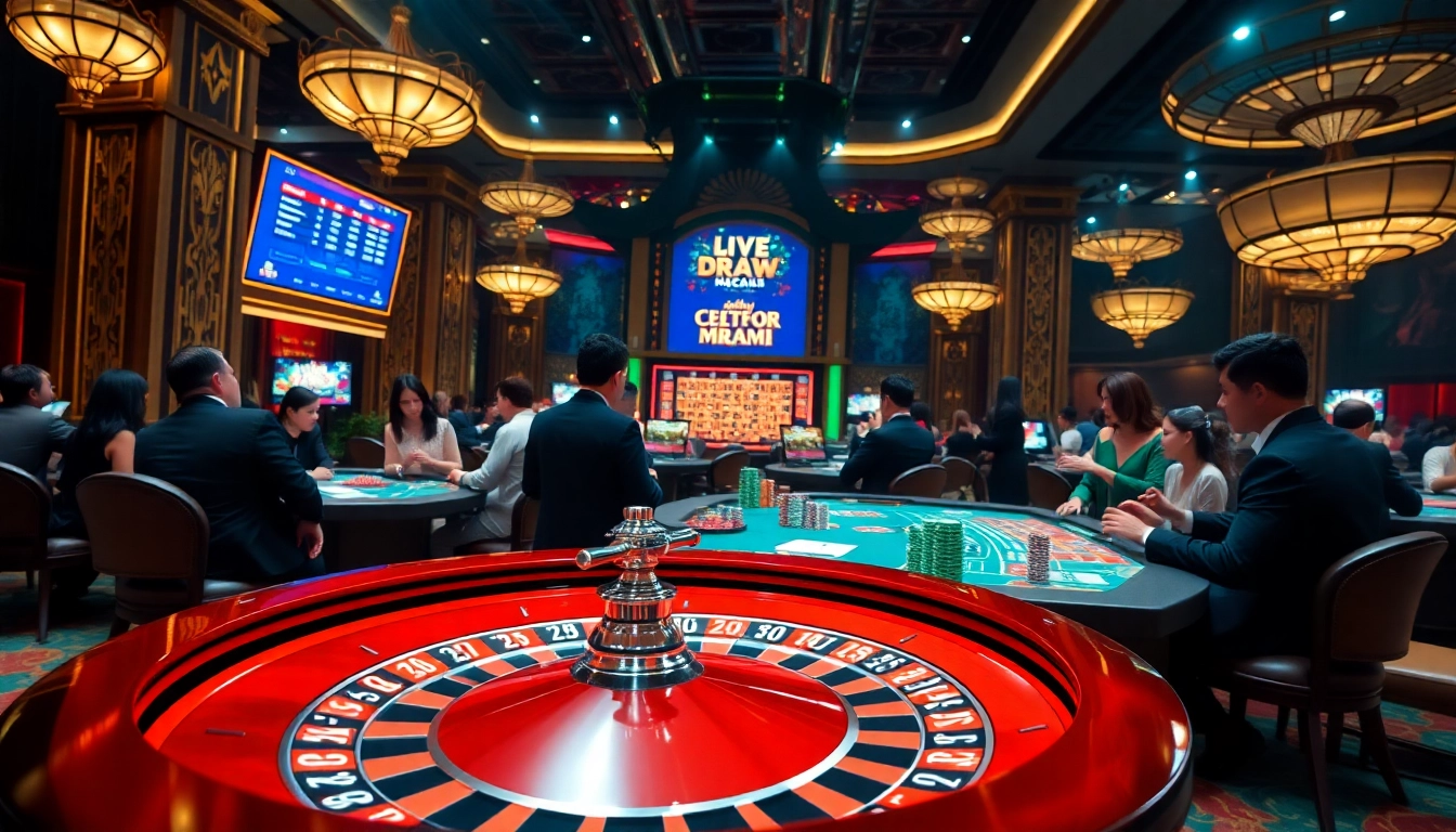 Live Draw Macau event showcasing gamblers engaged with roulette and real-time results screens.