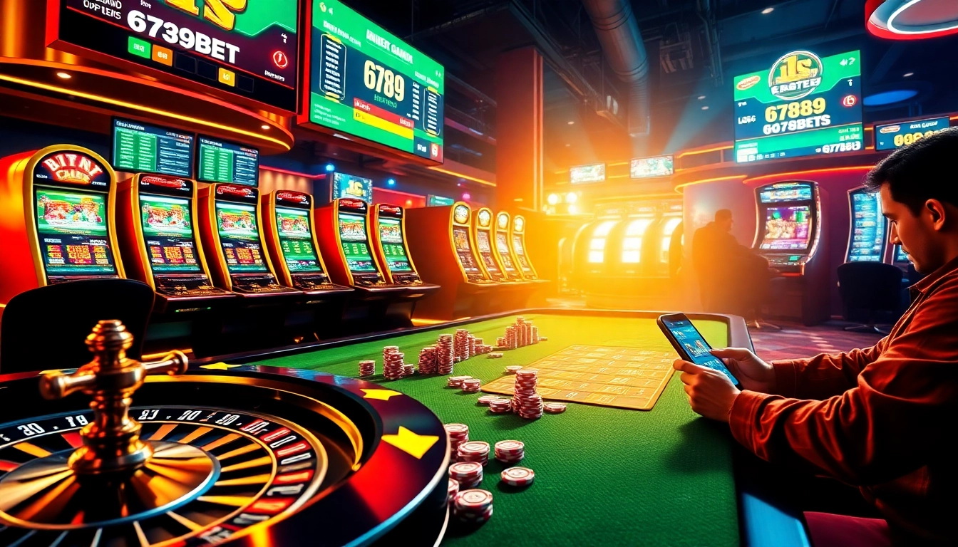 Experience the excitement of 6789bet with a vibrant casino scene featuring roulette and slot machines.