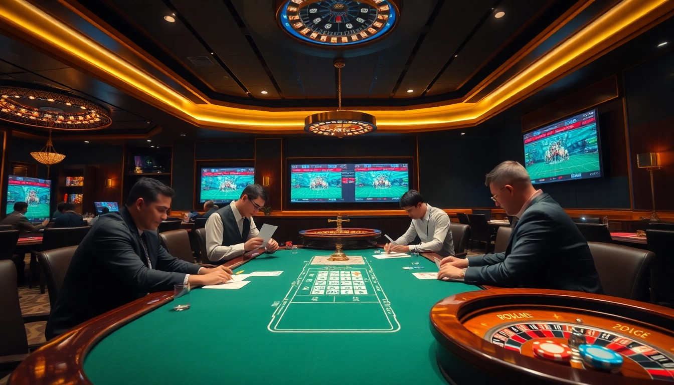Betting on Judi Piala Dunia at a luxurious casino betting table with vibrant atmosphere.