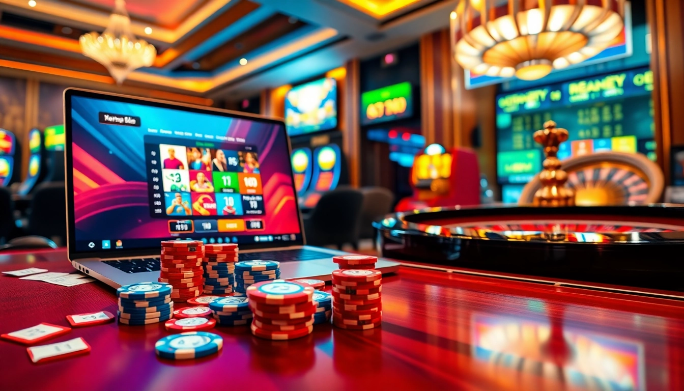 Engaging lô đề trực tuyến interface with dynamic betting slips and vibrant poker chips in a casino setting