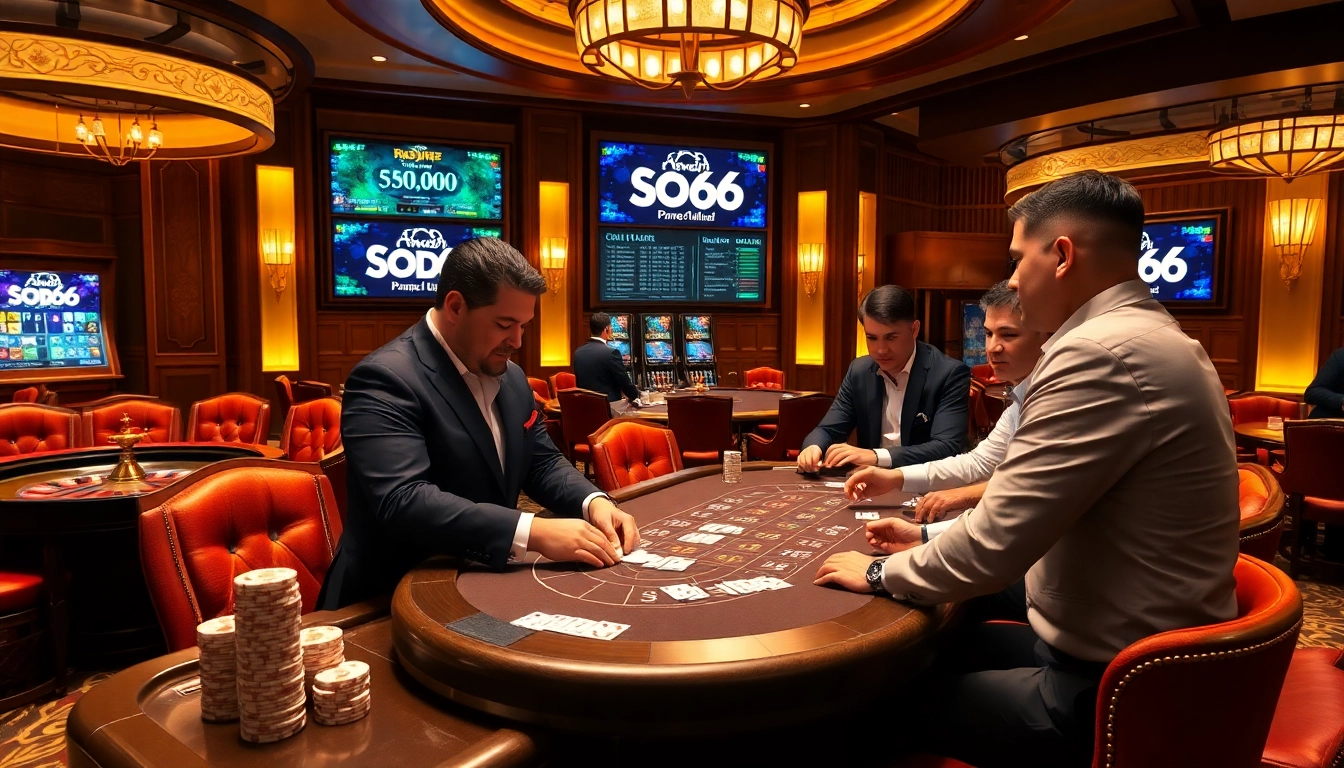 Experience excitement at SODO66 with players engaged in table games and lively casino atmosphere.