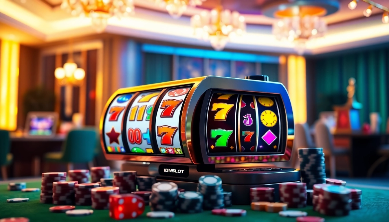 An intense gaming moment at an idnslot online casino, showcasing vibrant animated slot machine reels and casino elements.
