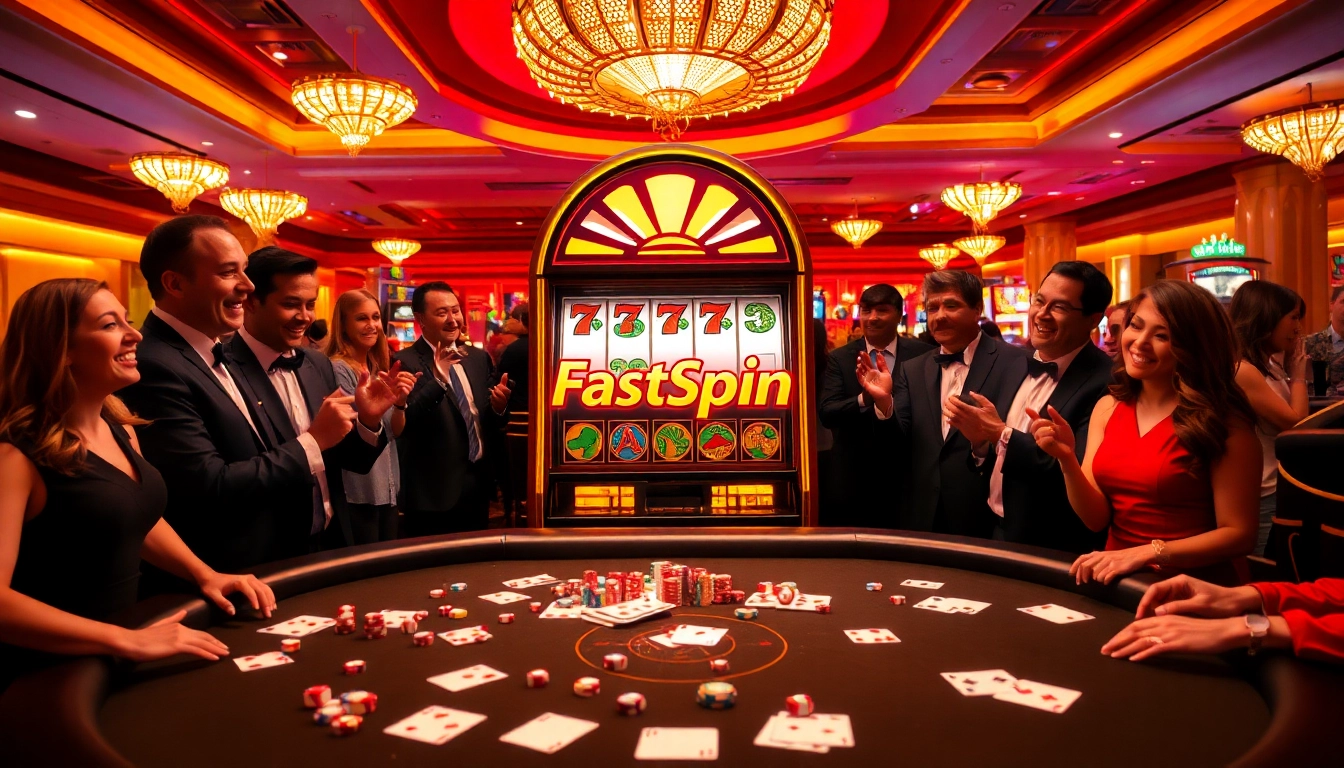 FastSpin ทดลองเล่น slot machine amidst an exhilarating casino atmosphere with players celebrating wins.