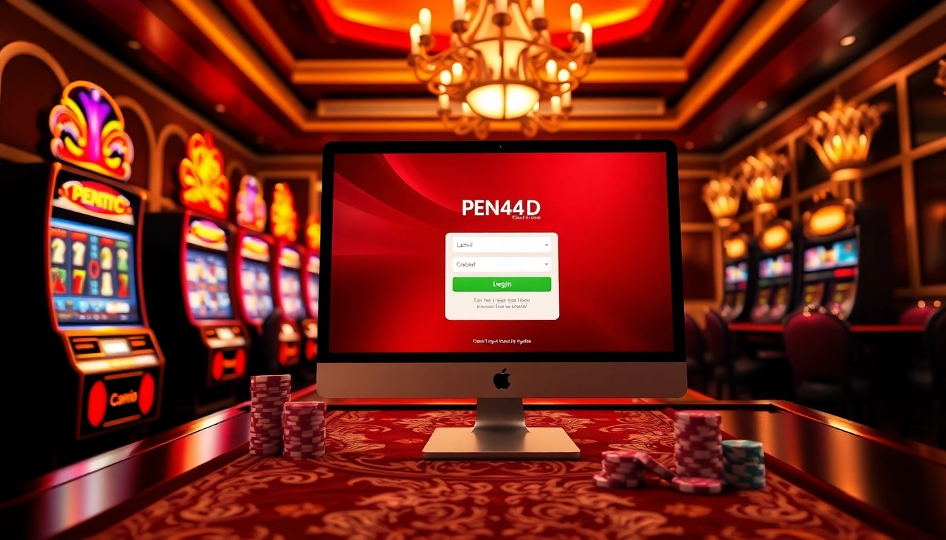 Engage with PEN4D login amidst an enticing online casino atmosphere featuring vibrant slot machines and poker chips.