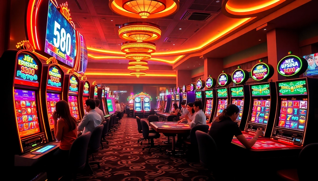 Dynamic casino scene with gaming excitement at king88, featuring vibrant slot machines and players.