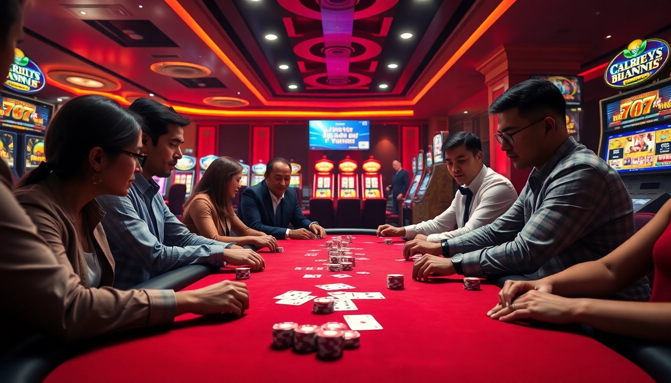 Diverse players enjoying an exciting live poker game at 789f casino, showcasing a vibrant atmosphere with elegant design.