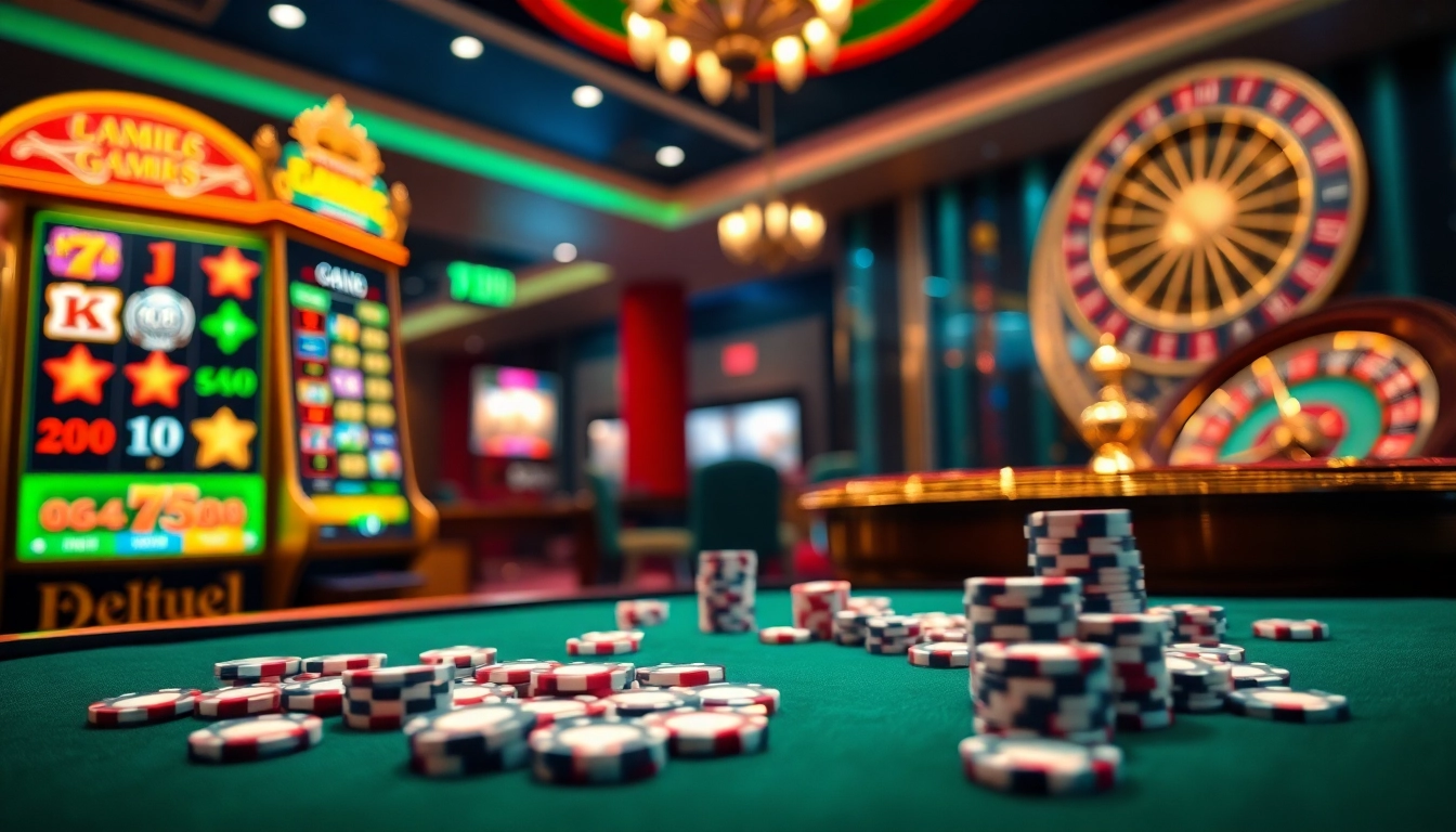 Action-packed scene of lego138 daftar showcasing vibrant slot machines and poker chips.