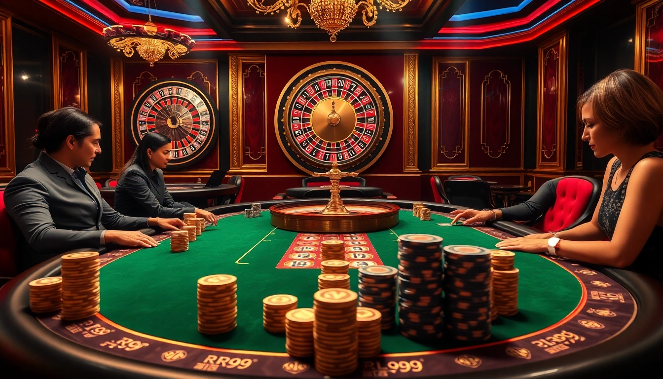 Experience the thrill of gambling at a luxurious casino featuring RR99-themed blackjack tables.